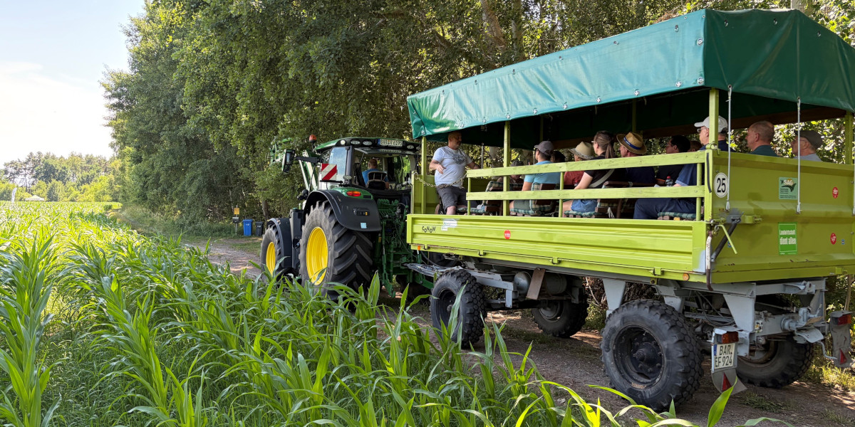 Bild: die Teilnehmer der Veranstaltung fahren auf einem Wagen am Feld entlang