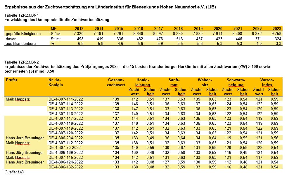 Tabellen Bienen Merkmalsprüfung