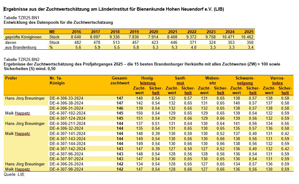 Tabellen Bienen Merkmalsprüfung